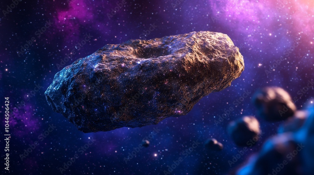 Canvas Prints a rocky asteroid floating in a colorful cosmic space scene.