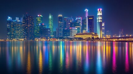 Fototapeta premium Nighttime Cityscape with Colorful Reflections in Water Modern Architecture Urban Skyline Downtown