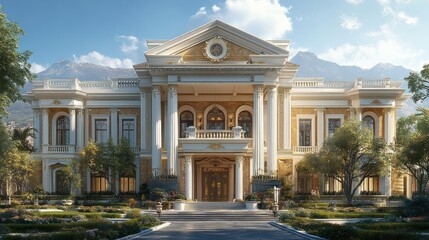 Grand mansion with classical architecture and landscaped gardens.