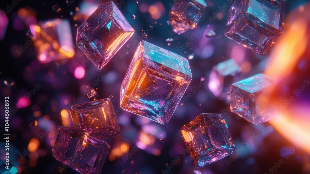 Poster floating crystals illuminated by vibrant colors create a mesmerizing visual experience in a surreal 