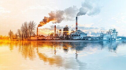 A striking industrial landscape features smokestacks emitting smoke over a shimmering water surface, showcasing the contrast of nature and industry.