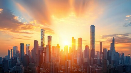 Fototapeta premium A stunning skyline at sunset, showcasing modern skyscrapers illuminated by golden rays, symbolizing urban beauty and architectural innovation.