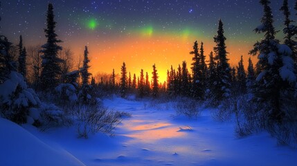Fototapeta premium A serene winter landscape at sunset with northern lights illuminating the snowy forest.