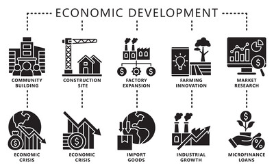 Obraz premium Economic development glyph icons set. contain community, economic crisis, construction, farming innovation, industrial, market and more. Vector EPS 10 for UI or UX kit, web and app, business, finance.