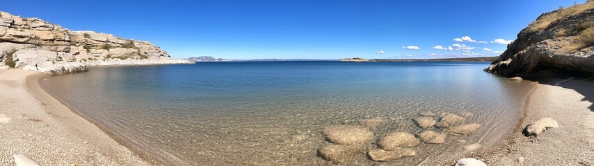 Obraz premium A secluded beach cove boasts crystal-clear water, inviting swimmers and sunbathers to enjoy its tranquility.