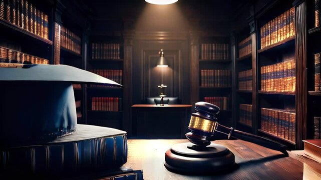 A graduation cap, a gavel, and a stack of law books in a dark library.