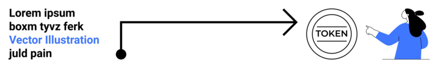 Simplified graphic with a person pointing at a token encircled by arrows. Ideal for business processes, blockchain technology, digital currency, financial transactions, educational materials. Banner