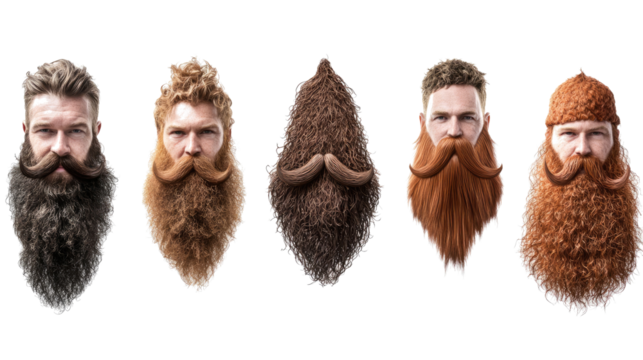 Collection of Long Beards and Mustaches on a Transparent Background Generative AI