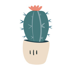 Cactus in a pot with yellow flowers, isolated on a white background, showcasing sharp thorns and succulent leaves, representing desert nature and spring growth