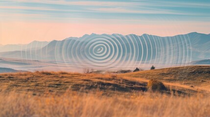 Fototapeta premium Sound waves radiating across a serene landscape, symbolizing the interconnectedness and harmony of natural and auditory elements.