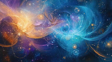 mesmerizing blend of vibrant colors and geometric shapes representing the intricacies of quantum physics.