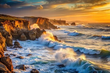 Naklejka premium Scenic view of wild ocean waves and rocky cliffs against a sunset sky