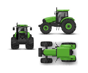 Green agricultural tractor farming transport front side top view realistic vector illustration