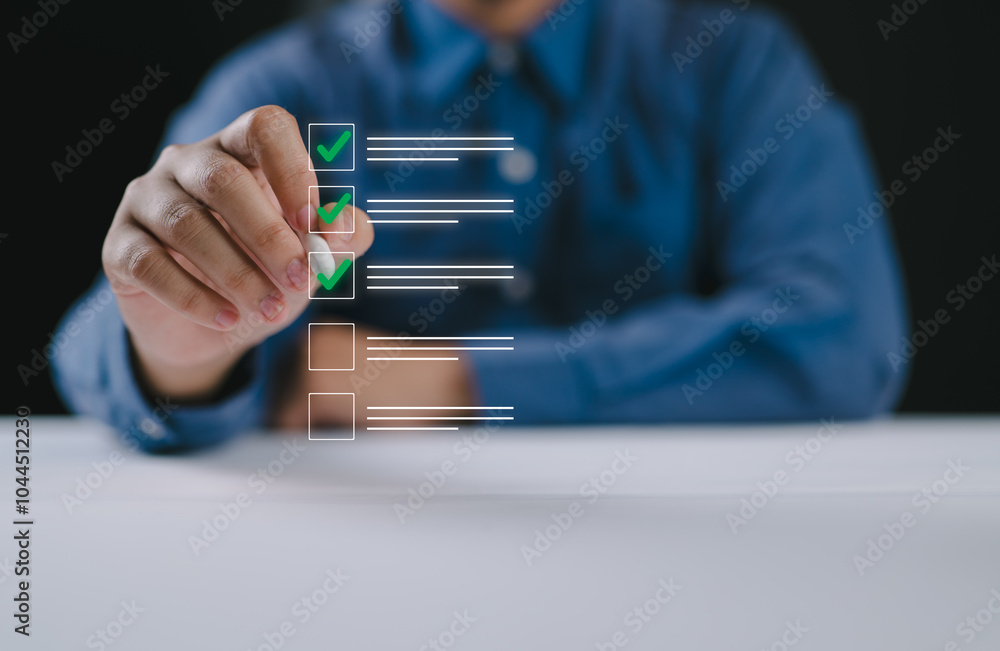Poster checklist and survey concept, businessman filling out online survey on virtual screen. questionnaire