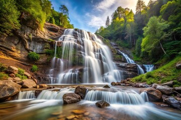 Obraz premium Scenic waterfall in mountains with crystal clear water and low shutter speed, creating leading lines
