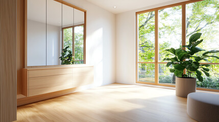Fototapeta premium Bright and spacious modern interior with natural light and indoor plants