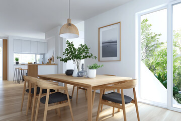 Fototapeta premium Bright and inviting modern dining room with natural light and minimalist decor