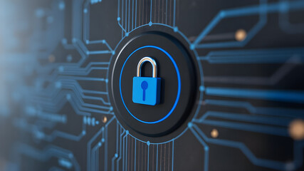 Blue padlock within a circular electronic circuit board, symbolizing digital security and protection from cyber threats