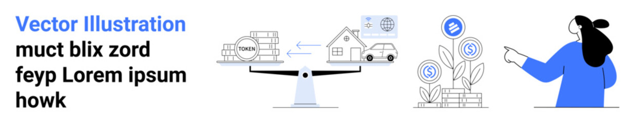 A balance scale, construction site, house, car, financial growth plant, and person pointing represent construction, real estate, financial balance, growth, and education. Ideal for business