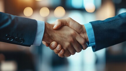 handshake between two businesspeople with a blurred office background,