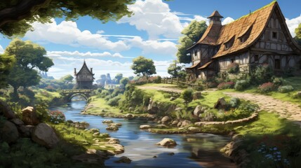 Picturesque River Winding Through a Lush Medieval Village