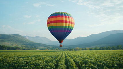Obraz premium Hot Air Balloon Over Green Fields