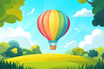 Colorful Hot Air Balloon Soaring Above Green Hills