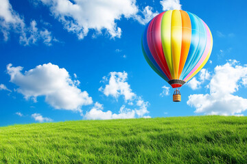 Obraz premium Colorful Hot Air Balloon Soaring Over Lush Meadow