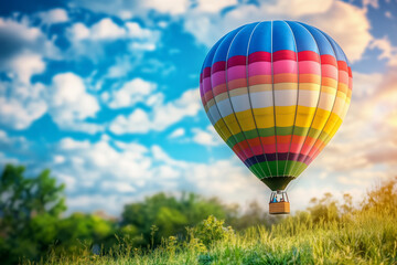 Naklejka premium Colorful Hot Air Balloon Ascending into a Sunny Sky