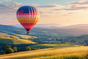 Fototapeta premium Hot Air Balloon Soaring Over Lush Green Valley
