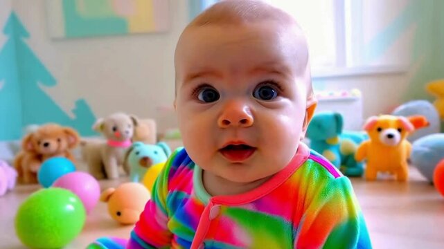 Adorable Baby in Colorful Rainbow Outfit Surrounded by Toys in a Playroom Happy Infant with Surprised Expression