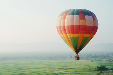 Fototapeta premium Colorful Hot Air Balloon Floating Over Lush Green Fields