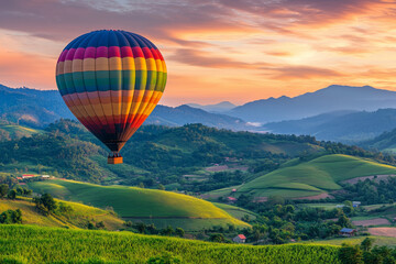 Fototapeta premium Hot Air Balloon Soaring Over Lush Green Hills at Sunrise