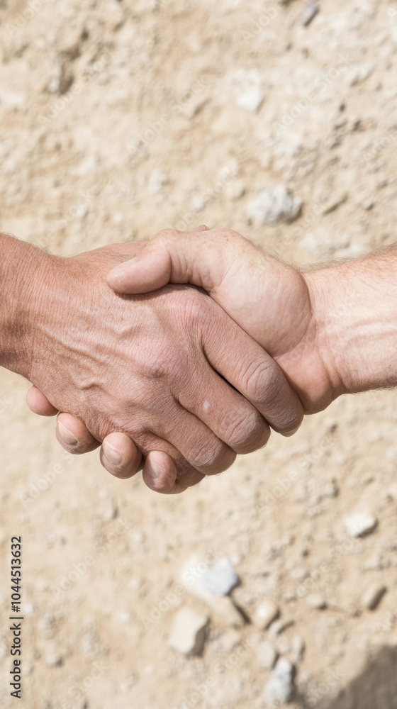 Poster unity handshake on sandy terrain a symbol of cooperation and support