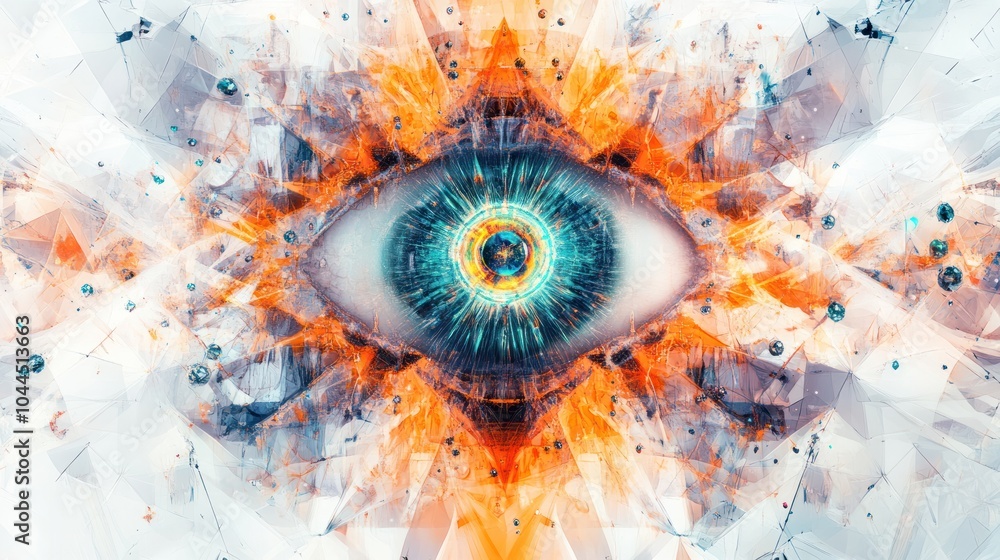 Poster detailed view of a quantum eye with abstract geometric patterns and light particles radiating from t