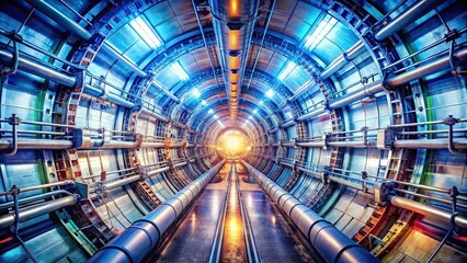 Obraz premium Scientific particle accelerator experiment with subatomic collision in wide angle view