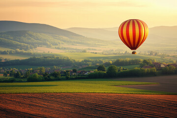 Obraz premium Hot Air Balloon Soaring Over Rolling Hills