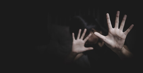 woman raised her hand for dissuade, campaign stop violence against women. sexual abuse, human...