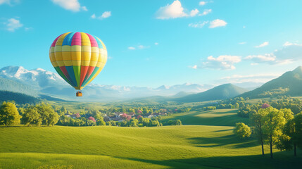 Naklejka premium Hot Air Balloon Flying Over Green Fields