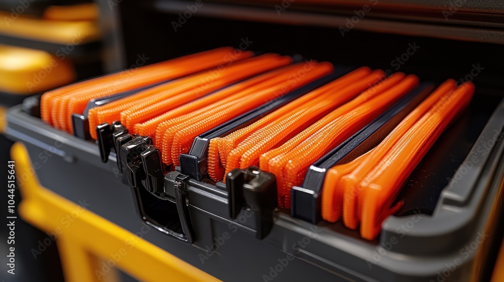 Aufkleber a storage container filled with orange-handled tools or implements.