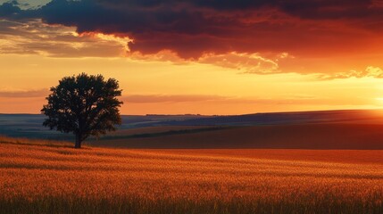 Fototapeta premium A serene sunset over a golden field with a solitary tree, capturing nature's beauty and tranquility.