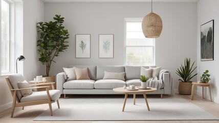 Fototapeta premium Minimalist Scandinavian living room bathed in natural light, showcasing clean lines and simple elegance.
