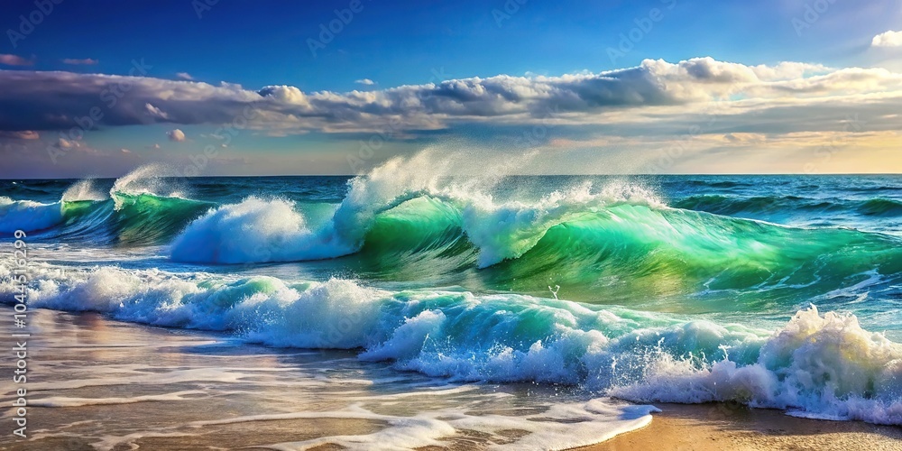 Poster sea waves splashing against ocean coastline, creating depth of field