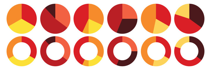 Pie chart set. Circle pie chart diagram. Pie chart color icons. Segment slice sign. Flat process cycle.  Vector illustration