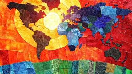 A vibrant quilt depicting a world map with a sun, symbolizing unity and diversity.