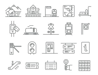 Train railway travel station passenger transportation line art icon set vector flat illustration