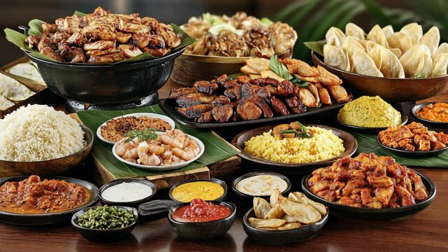 A spread of various dishes sits on a wooden table, including rice, chicken, seafood, and dumplings