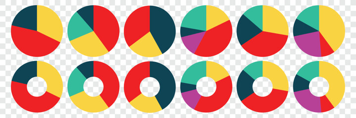 Pie chart set. Circle icons for infographic. Wheel round diagram part symbol. Colorful diagram collection with sections or steps. Percentage pie chart. Geometric element. Vector illustration 