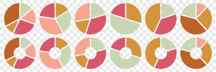 Pie chart set. Segment slice sign. Circle section graph. Colorful diagram collection. Business presentation, data analysis chart. Vector illustration. 