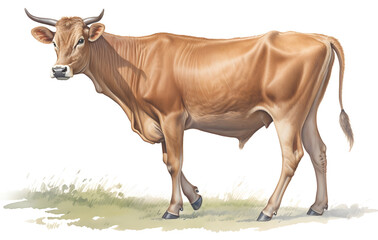 Isolated brown bull or ox on a white background, showing its impressive horns and distinctive features , Bison